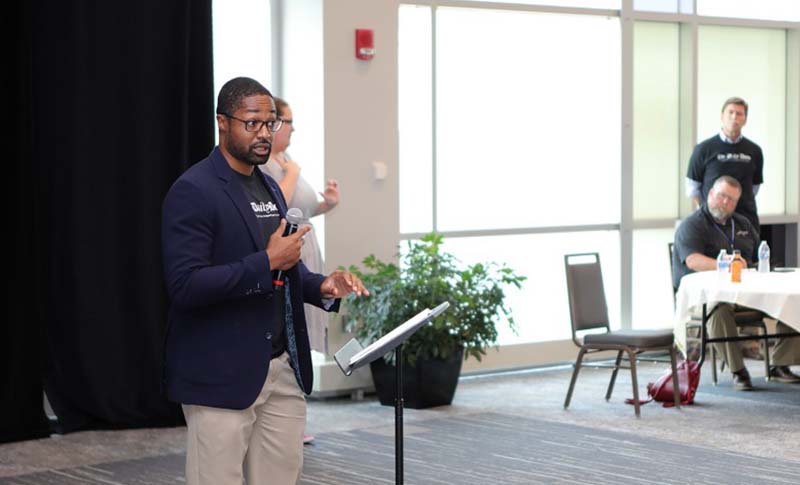 
Almar Walter, vice president of Diversity, Equity and Inclusion and chief diversity officer, speaks at First Wednesday.
